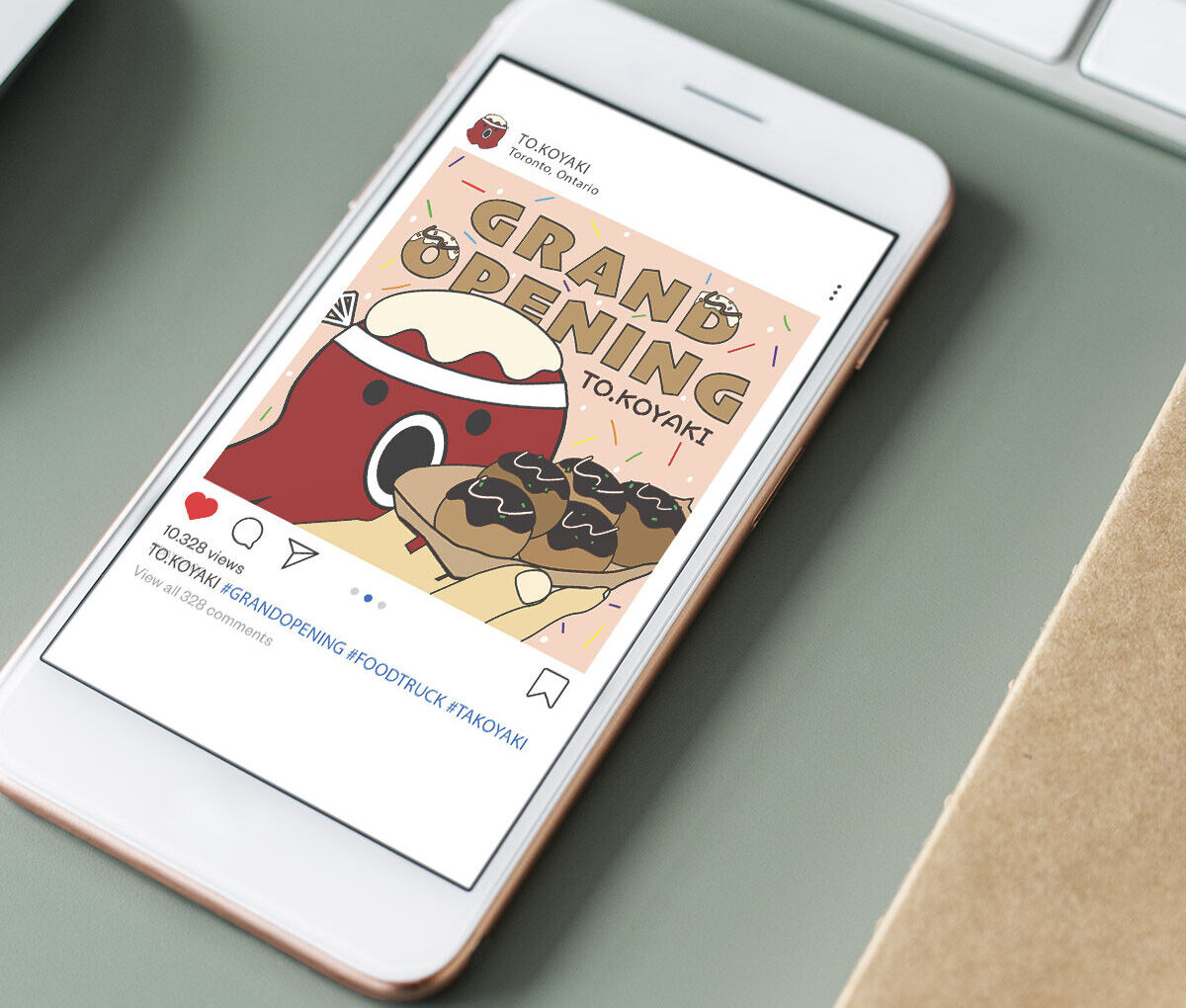 A white smart phone is showing a social media post on instagram, To.koyaki's grand opening