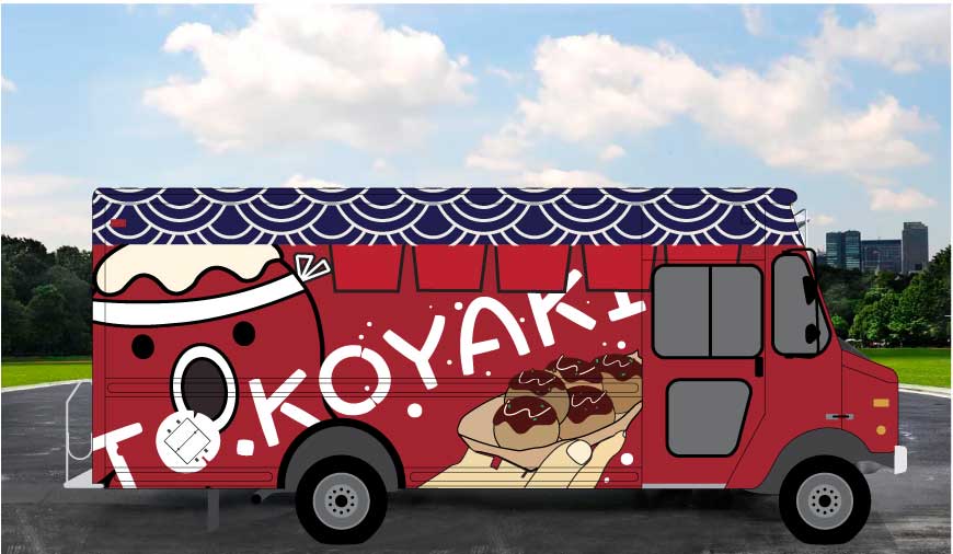a vector food truck mockup is in a parking lot