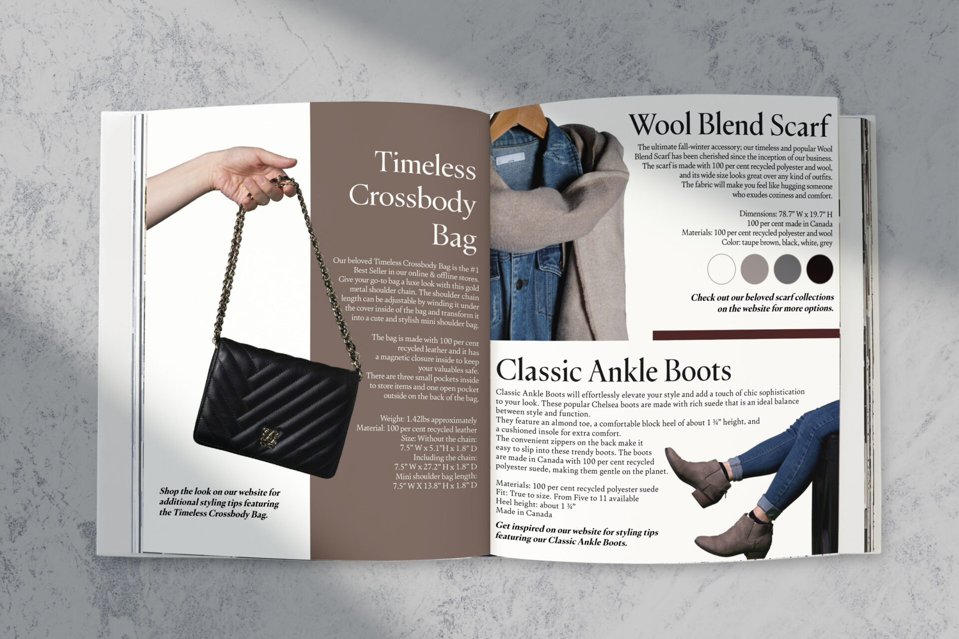 A magazine is showing two pages from the fashion lookbook inner pages, The colours have fall aesthetics and the pictures are black shoulder bags, scarf, and jeans with ankle boots.