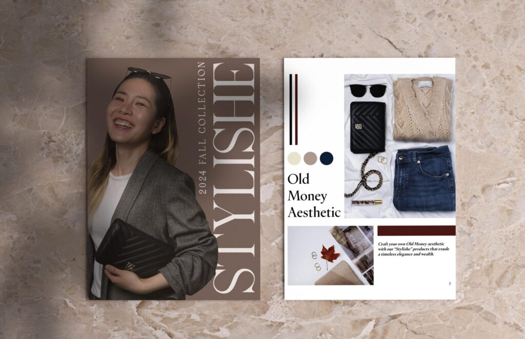 The fashion lookbook features a cover page and inner pages showcasing a knolling layout. The lookbooks are elegantly laid out on a brown marble floor, with shadows adding a touch of depth to the overall presentation.